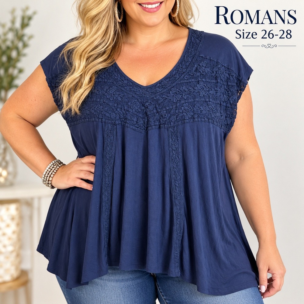 Roamans Navy Blue Lace Crochet V-Neck Tunic Top Plus Size 26/28 2X Boho